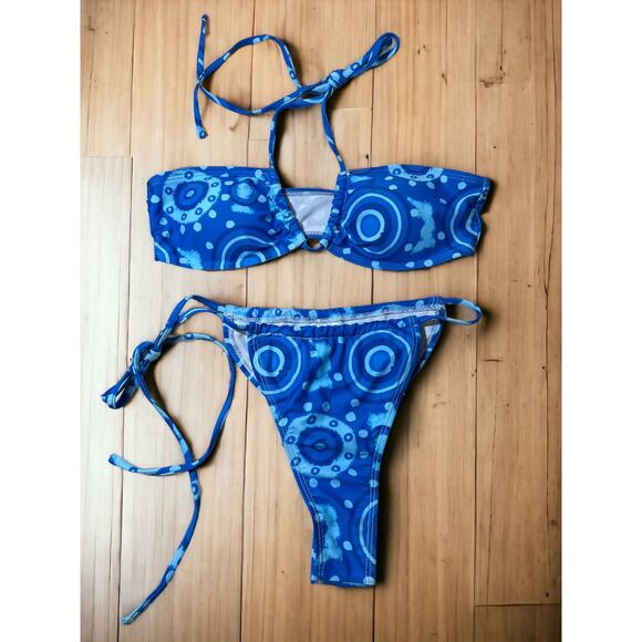 Flower Power Side Tie Bandeau Halter Cheeky Bikini in Blue SMALL - Picture 2 of 7